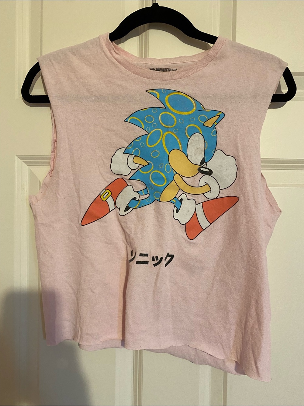 Pink Sonic the Hedgehog distressed cotton muscle tank crop top, size S/M